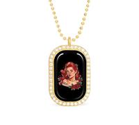KWQDOZF Collana con ciondolo a forma di donna dai capelli rossi con tatuaggio di rosa, per donna, con catena quadrata in oro argentato e diamanti.