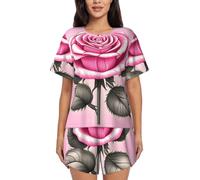 KWQDOZF Completo Pigiama da Donna Morbido a Maniche Corte, Comodo e con Una Stampa di Rose Rosa, Ideale per la casa, con Tasche.