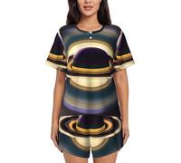 KWQDOZF Completo Pigiama da Donna Morbido a Maniche Corte, Comodo e con Una Stampa Saturno, Ideale per Rilassarsi in casa, con Tasche.