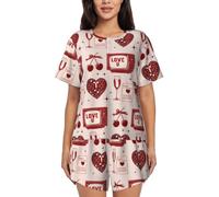 KWQDOZF Completo Pigiama da Donna Morbido a Maniche Corte, Comodo Set Pigiama con Stampa Vintage a Tema Amore e Tasche.