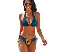 KWQDOZF Costume da Bagno a Triangolo Due Pezzi con Lacci Laterali, da Donna, con Bikini a Triangolo con Bandiera delle Barbados e tra