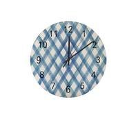 KWQDOZF Decorazione da parete in legno con motivo a quadri a righe blu, rotonda e circolare, senza cornice, a batteria, silenziosa, leggera, per camera da letto, aula, ufficio, 11,8 pollici