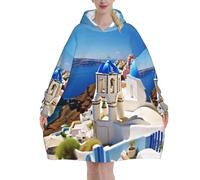 KWQDOZF Felpa con Cappuccio Oversize, Felpa con Cappuccio in Flanella Super Morbida e Calda con Vista Mare sull'isola di Santorini, per Donne e Uomini