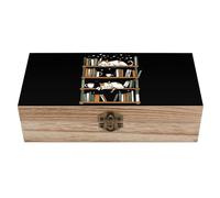 KWQDOZF Scatola portaoggetti in legno con coperchio a cerniera, motivo gatti della biblioteca, per gioielli ricordo