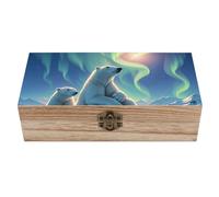 KWQDOZF Scatola portaoggetti in legno con orsi polari e aurora boreale, scatola portagioie rustica con coperchio incernierato e chiusura frontale, ricordo decorativo in legno per uomini e donne