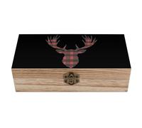 KWQDOZF Scatola portaoggetti in legno con testa d'alce in tartan rosso e nero con coperchio incernierato, baule decorativo per gioielli ricordo