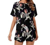 KWQDOZF Set Pigiama da Donna con Dinosauri Che Giocano a Calcio, Composto da Top a Maniche Corte e Pantaloncini, 2 Pezzi, Abbigliamento da casa per la Notte.
