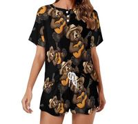 KWQDOZF Set Pigiama da Donna con Orso Che Suona la Chitarra, Composto da Top a Maniche Corte e Pantaloncini, 2 Pezzi, Abbigliamento da casa per la Notte.