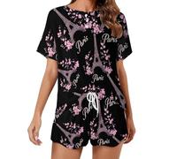 KWQDOZF Set Pigiama da Donna con Stampa della Torre Eiffel e Fiori di Parigi, Composto da Top a Maniche Corte e Pantaloncini, Composto da Due Pezzi per Dormire e Rilassarsi.