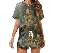 KWQDOZF Set Pigiama da Donna con Stampa Orso, Barca da Pesca e Caccia, Top a Maniche Corte, Abbigliamento da casa Estivo per la casa