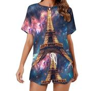 KWQDOZF Set Pigiama da Donna con Stampa Torre Eiffel e Stelle di Parigi, Composto da Top a Maniche Corte e Pantaloncini, Composto da Due Pezzi per Dormire e Rilassarsi.