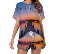 KWQDOZF Set Pigiama da Donna con Top a Maniche Corte e Uccelli Che volano sopra Il molo sul Lago al Tramonto, Ideale per la casa in Estate.