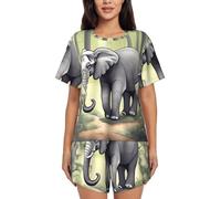 KWQDOZF Set Pigiama da Donna Morbido a Maniche Corte, Comodo Set Pigiama con Stampa di Elefanti Che camminano e Tasche.