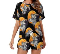 KWQDOZF Set Pigiama da Donna Wolf Moon, Composto da Top a Maniche Corte e Pantaloncini, 2 Pezzi, Abbigliamento da casa per la Notte.