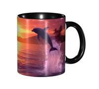 KWQDOZF Tazza da caffè con delfini al tramonto divertenti - Tazza in ceramica bicolore da 11 once con motivo 3D | Regali carini per uomini, donne, ufficio, lavoro