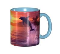 KWQDOZF Tazza da caffè con delfini al tramonto divertenti - Tazza in ceramica bicolore da 11 once con motivo 3D | Regali carini per uomini, donne, ufficio, lavoro