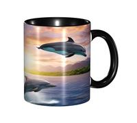 KWQDOZF Tazza da caffè con delfini al tramonto divertenti - Tazza in ceramica bicolore da 11 once con motivo 3D | Regali carini per uomini, donne, ufficio, lavoro