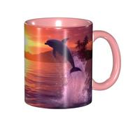 KWQDOZF Tazza da caffè con delfini al tramonto divertenti - Tazza in ceramica bicolore da 11 once con motivo 3D | Regali carini per uomini, donne, ufficio, lavoro