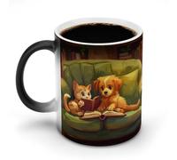 KWQDOZF Tazza da caffè divertente con gatto e cucciolo per la giornata della lettura, tazza da tè che cambia colore divertente per uomini e donne, compleanno