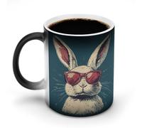 KWQDOZF Tazza da caffè e tè in ceramica termosensibile, cambia colore, con coniglietto felice che indossa occhiali da sole, 11 once
