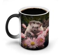 KWQDOZF Tazze da caffè sensibili al calore con stampa di un simpatico riccio tra i fiori, tazza da caffè che cambia colore, immagine completa rivelata quando viene aggiunta la temperatura CALDA