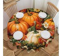 KWQDOZF Tovaglia rotonda con motivo zucca tra fiori, impermeabile, lavabile, circolare, per sala da pranzo, cucina, feste, interni ed esterni, 60 pollici