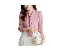 KWTF Abbigliamento Moda Coreana Camicia da Donna in Raso Solido Drappeggiato con Fiocco Collo Manica Lunga Gialla Elegante Camicetta di Lusso Top da Donna Femminile