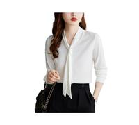 KWTF Abbigliamento Moda Coreana Camicia da Donna in Raso Solido Drappeggiato con Fiocco Collo Manica Lunga Gialla Elegante Camicetta di Lusso Top da Donna Femminile
