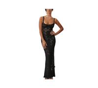 KWTF Abito Lungo Elegante in Pizzo Trasparente da Donna Sexy Estivo Con Spalline Aderenti per Festa di Nozze, Diviso Nero