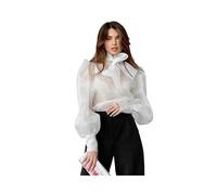 KWTF Camicie Superiori in Chiffon Bianco da Donna T-Shirt Elegante in Rete con Maniche Lunghe a Lanterna Camicetta Trasparente Camicie da Donna Trasparenti con Fiocco