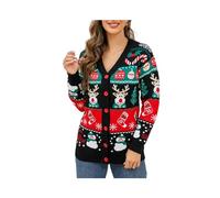 KWTF Maglione Cardigan con Scollo a V Donna Fiocco di Neve Modello Albero di Natale Cardigan Casual a Maniche Lunghe Vestito di Capodanno Abbigliamento da Donna