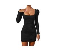 KWTF Mini Abito Aderente Sexy da Donna 2023 Gonna Sottile a Maniche Lunghe con Maniche a Sbuffo Autunnale Colletto Quadrato Abiti Casual Corti da Party Neri