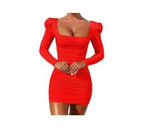 KWTF Mini Abito Aderente Sexy da Donna 2023 Gonna Sottile a Maniche Lunghe con Maniche a Sbuffo Autunnale Colletto Quadrato Abiti Casual Corti da Party Neri