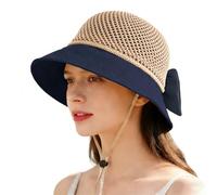 KXF Cappello da sole da donna a tesa larga con chiusura a secchiello ripiegabile con cordino staccabile per coda di cavallo con fiocco, cappello da sole per vacanze, estate, spiaggia, escursionismo,