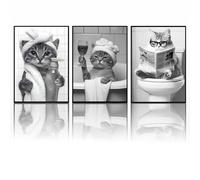 KXHHYB Set di 3 divertenti stampe in bianco e nero-Gatti carini, lontre e procioni-Stampe artistiche umoristiche per il bagno e la toilette-Senza cornice (gatti, 3x30x40cm, Senza cornice)