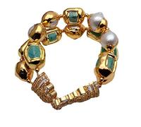 KXQYIKYI Perla d'acqua dolce bianca verde con bordo elettroplato Bracciale cubico zirconia zirconia piena di chiusura punk per le donne