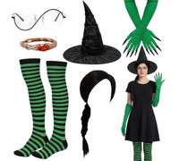 Kxsufwa Costume da strega, costumi di Halloween, cappello da mago da 6 pezzi con guanti e accessori, set cosplay alla moda gotica, cappello plissettato nero, occhiali dorati, maniche verdi per unghie