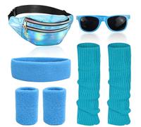 KXVXXV Accessori anni '80 anni '90, abbigliamento da donna anni '80 anni '90, abbigliamento da donna a tema, abbigliamento neon per feste con marsupio, fascia per capelli, scaldamuscoli, occhiali, Blu