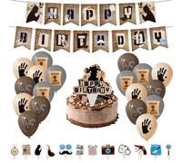 KXVXXV Set di 32 decorazioni per feste di compleanno per bambini, accessori per il detective, topper per torte, cupcake, palloncini detective, striscione Happy Birthday