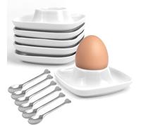 KXVXXV Set di 6 portauovo in ceramica, in porcellana, colore bianco, quadrato, impilabile con 6 cucchiai, con ripiano per uova