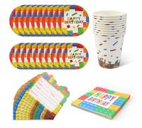 KXVXXV Set di 60 pezzi di stoviglie per feste di compleanno per bambini, decorazione con mattoncini da costruzione, piatti, bicchieri, tovaglioli, biglietti di invito (10 ospiti)