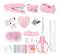 KXVXXV Set di accessori per ufficio, set di accessori per ufficio, rosa, set di articoli da ufficio, con perforatore, forbici, nastro adesivo, graffette, graffette, graffette, clip adesive