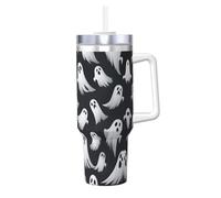 Kycvds Carino bianco fantasma Halloween modello 1 stampa 40oz bicchiere in acciaio inox con manico doppia parete sottovuoto isolato tazza da viaggio, cannuccia riutilizzabile