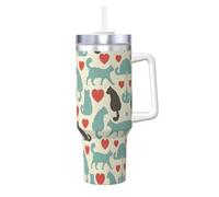 Kycvds Happy Walking Kitty Printing - Bicchiere da viaggio in acciaio inox con manico, a doppia parete, con cannuccia riutilizzabile, 1180 ml