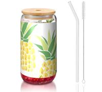 Kycvds Tazze di vetro con stampa di ananas e coperchi in bambù e cannucce, bottiglie d'acqua da 16 once barattoli di vetro bicchieri di birra ghiaccio caffè bicchieri