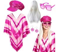 Kyndara Costume da Abba da donna, set di accessori da discoteca anni '70, con poncho da discoteca, cappello, parrucca, orecchini, occhiali, per adulti, stile retrò anni '70, per feste a tema anni '70