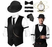 Kyndara Costume da Gatsby anni '20, 7 pezzi, da uomo, gilet, accessori con cappello a cilindro, papillon, orologio da tasca, cravatta, fascia da braccio, per adulti, Halloween, ruggenti anni '20