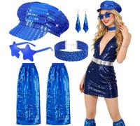 Kyndara Kit da 5 pezzi per travestimento da discoteca da donna, set di accessori blu Abba con cappello scintillante, scaldamuscoli, occhiali da sole, orecchini, collana girocollo per feste a tema