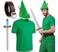 Kyndara Set di 4 costumi da eroe della foresta, per cosplay, arciere medievale, con maglietta verde, cappello a punta, cintura, oggetti di scena gonfiabili, per feste a tema Halloween per la Giornata