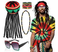 Kyndara Set di 5 accessori per costume rasta, kit reggae giamaicano con magliette, cappelli, occhiali da sole rasta, collane, bracciali, per uomo e donna, carnevale, feste cosplay